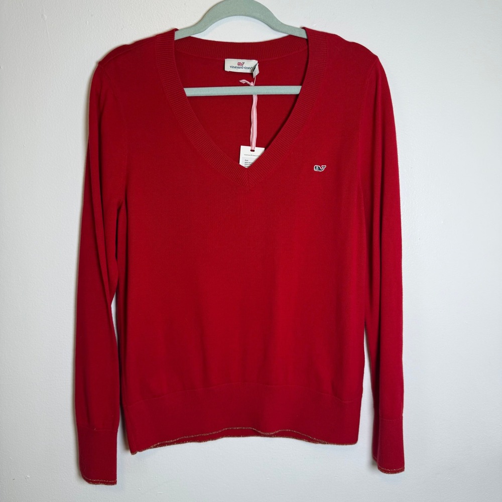 Vineyard Vines Red Velvet Heritage Cotton V Neck Sweater Womens Medium M Whale - Picture 2 of 11